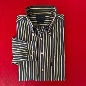 FACONNABLE men shirt cotton front pocket buttoned collar L green gray blue
